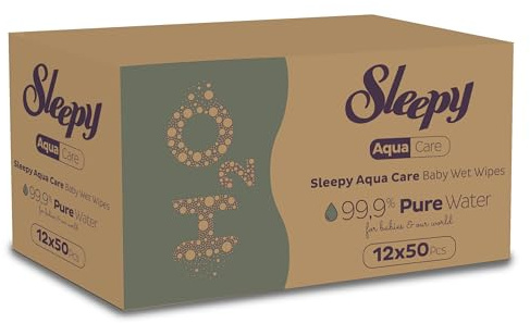 Sleepy Aqua Care%99.9 Pure Water Wipes 12 Packs X 50 Pcs,%100 Biodegradable, Natural Fiber, Parfume Free, Plastic Free, Thicker and Softer.