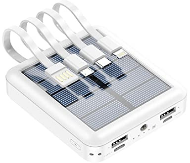 KISUFU Solar Powerbank 20000mah, Solar Power Bank mit LED Taschenlamp, Wasserdichtes 5V 2A Solar Ladegerät mit 4 Integrierten Kabeln für Smartphones, Tablets, Outdoor Camping und mehr. (Weiß)
