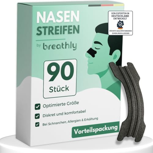 breathly® Nasenpflaster Schwarz | Extra starker Halt | 90x Nose Strips | Gegen Schnarchen - verbessert die Schlafqualität | Für bessere Atmung bei verstopfter Nase | Premium Nasenstrips (90)