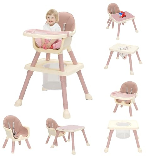 Seggiolone Pappa 7-in-1 con Piatto da Cena Smontabile,Cestino,Cintura,Vassoio Rimovibile, Seggiolone Evolutivo Pappa per Bambini da 6 Mesi Fino a 6 Anni