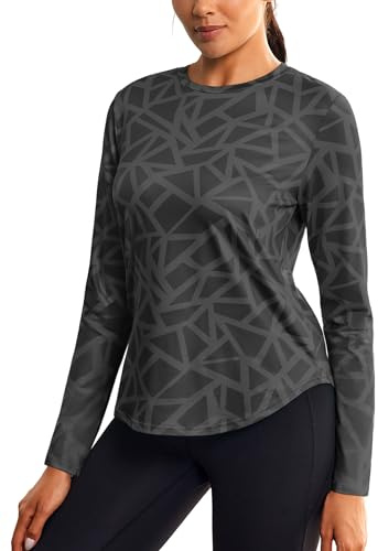 PINSPARK Mujer Camiseta Deportiva de Manga Larga con Estampado Negro XL | Camiseta Deportiva Cuello Redondo, Dobladillo Curvado, Secado Rápido, Para Otoño Invierno, Fitness, Running, Pilates,