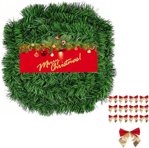 Tapsin 10m Weihnachtsgirlande mit 45 Weihnachtsschleifen | DIY künstliche Kieferngirlande für den Innen- und Außenbereich Diese Tannengirlande erfreut die ganze Familie