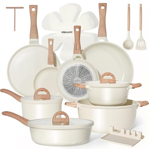 USELUCK 22-Piece Ceramic Cookware Set with Utensils, Pots and Pans Set