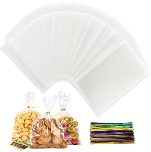 100 Stück Groß Cellophantüten 25x15 cm, Durchsichtige Zellophantüten mit 100 Bunte Krawatten – Brotbeutel Geschenkbeutel für Brötchen, Süßigkeiten, Kekse - Hochzeit Geburtstag Weihnachten Party