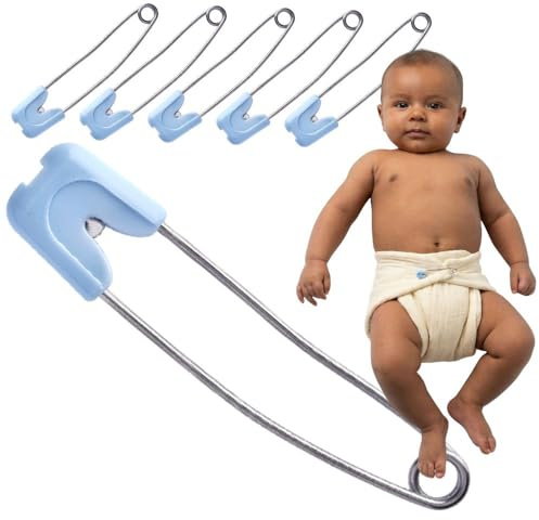 Cloth Nappy Pins 55mm Blue 6 Pack - Locking Safety Pins, Rust-Proof | Terry squares, muslin & prefolds, BPA-free click-lock cap, steam & boil clean, reusable, newborn to potty, 2 per change