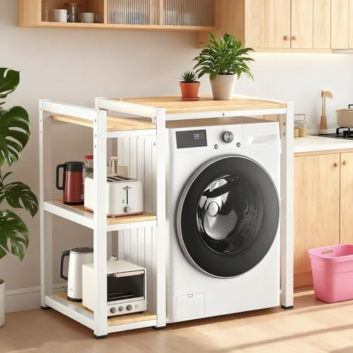 SOFACHEN Estante para Lavadora, Mueble para Poner Lavadora Secadora con Diseño de Elevación de 3 Velocidades, Estantería para Secadora para BañO, Balcón, Lavandería(White)