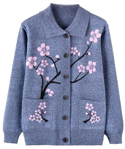 Générique Cardigan avec Poches pour Femme Pull Épais et Chaud pour Femme D'Âge Moyen Costume De Vieille Dame Tricot À Revers Haut Brodé À Manches Longues Cadeaux pour Vieille Dame Gris Taille M