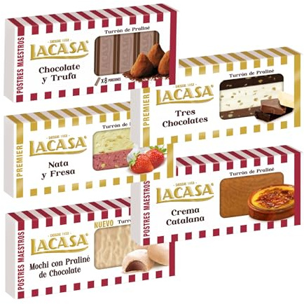 Pack Surtido 5 Turrones Lacasa:Cacao y Trufa, Crema Catalana, Nata y Fresa, Tres Chocolates, Mochi con Praliné de Chocolate