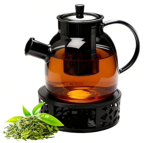 1 500 ml tekanna med värmare, tekanna med sil och lock, glas tebryggare med avtagbar silinsats, värmebeständig glaskanna för lösa teer fruktte doftande te blomma te (svart)
