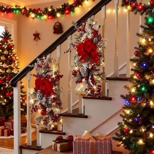 Weihnachtsgirlande in Tropfenform, Weihnachtsgirlande mit Schleife, roten Beeren und Tannenzapfen, realistische Winter-Tannenzapfen, Girlande für Haustür, Wand, Fenster, Heimdekoration