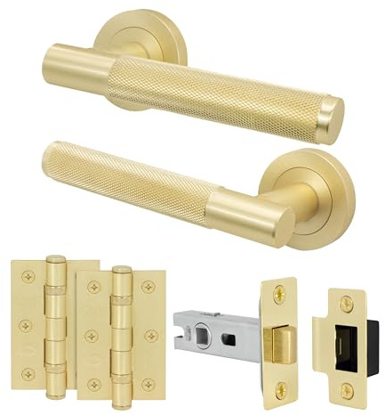 EAI Satin Brass Door Handles with Latch, 1 Pack - Varri | Complete Latch Kit with 1 Pair of Door Handles, 64mm Latch, 76mm Hinges, Fixings Included