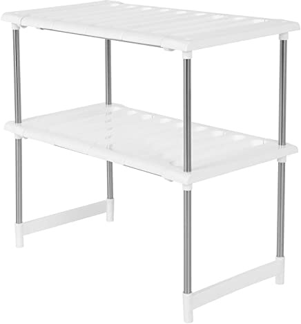 Qcwwy Support de Rangement Extensible sous l'évier, Organisateur en Acier Inoxydable, Conception Efficace à 2 Niveaux pour Armoires de Cuisine, Réglable pour Un Assemblage Facile