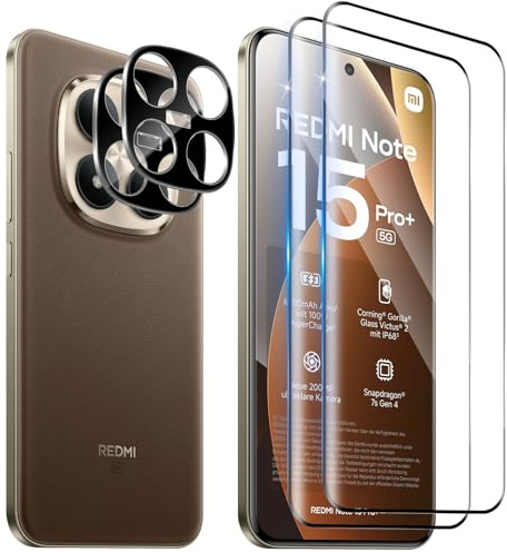 Funrae 3D Protector de Pantalla Cobertura Completo para Xiaomi Redmi Note 15 Pro Plus 5G/ Poco M8 Pro y Protector de Lente de Cámara [2+2 PCS], 9H HD Anti-Arañazos Cristal Templado Protección