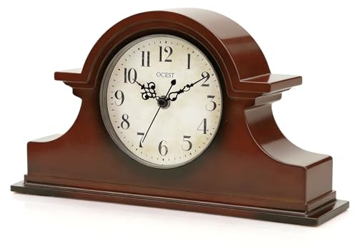 OCEST Vintage bondgård mantelklocka – 33 x 18 cm kvarts förgylld finish batteridriven modern Napoleon klassisk skrivbords- och hylldekor för vardagsrum kontor (träröd) | Batteridriven, ABS-hölje, napoleonstil, dekorativ bordsklocka, för öppen spis skrivbordshylla vardagsrum kontor
