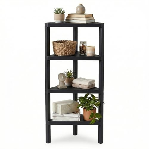KOMFOTTEU Eckregal 4 Ebenen, platzsparendes Eckregal aus Kunststoff mit 4 offenen Ablagen, belastbar bis 32 kg, Badezimmerregal für Bad Küche Wohnzimmer Schlafzimmer Büro, 46 x 33 x 99 cm (schwarz)