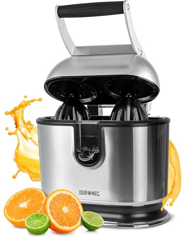 Duronic JE812 Electric Citrus Juicer, 105W Twin Lemon Juice Squeezer, Dual Orange Press Juicer with Large and Small Cones, Large Citrus Press for Extracting Lemon Juice, Limes and Grapefruit