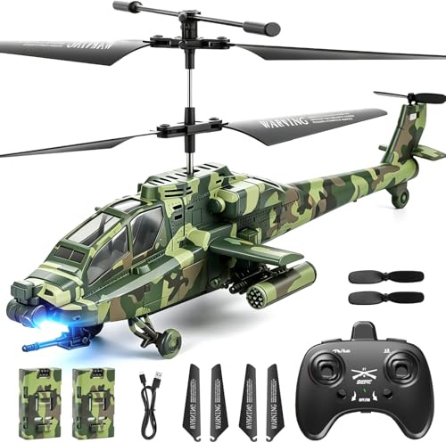 Ulikey Militär-RC Hubschrauber Ferngesteuert, 2,4 GHz RC Helikopter Apache 2 Akkus, LED-Leuchten, Ferngesteuerter Hubschrauber Spielzeug Kinder Geschenke für Jungs ab 6 (Militärgrün)