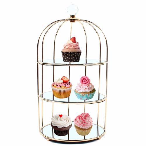 Jerool 3-Tier Gold Cake Stand, Afternoon Tea Stands for Tea Parties and Hotels, For Weddings and Parties, Birdcage-Shaped