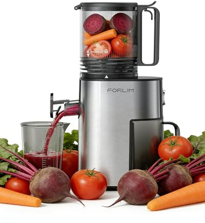FORLIM Cold Press Juicer, 130mm Wide Feed Chute for Whole & Chopped Fruits, Slow Masticating Juicer Machine, Easy Clean Juice Extractor with Reverse Function, High Juice Yield, Silver