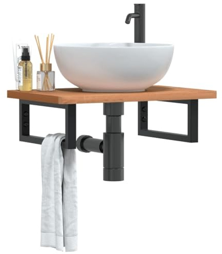 LoogCape Étagère de lavabo murale en acier et bois de hêtre massif, 60 x 40 cm, pour lavabo, lavabo et meuble de salle de bain, suspendu ou debout, avec étagère, espace de rangement et