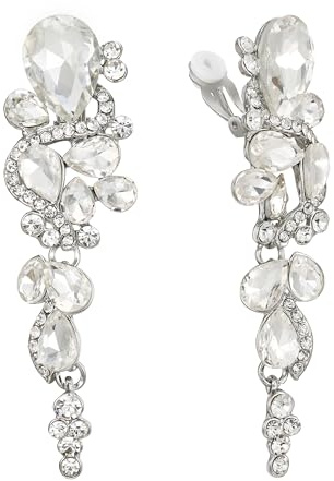 Clearine Wedding Bridal Statement Costume Jewellery Bohemian Boho Diamante Teardrop Crystal Cluster Long Clip-On Chandelier Dangle Earrings Clear Silver-Tone