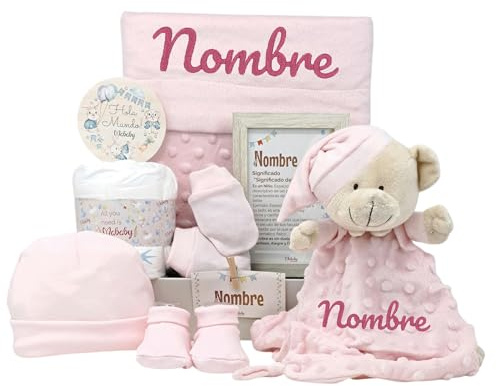 Mababyshop Cesta Bebé Recién Nacido Niña Personalizada Manta (Rosa) | Manta Burbujas, Dou Dou de Apego, Primera Puesta, Regalo Baby Shower