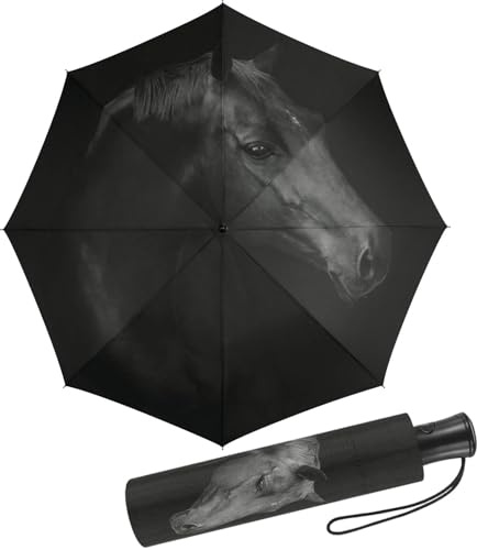 happy rain Regenschirm mit Auf-Automatik schwarz bedruckt - horse