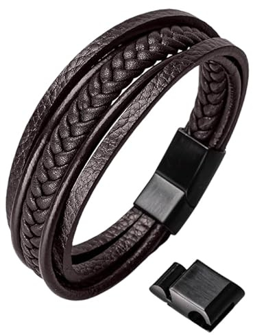 HOOF | Herren Armband aus echtem Leder Schwarz/Braun | geflochtener Armreif | 19,5cm - 27cm | Magnetverschluss Edelstahl | Edle Schmuckschachtel Box | Geschenk für Männer, Freunde, Partner bis XXXL