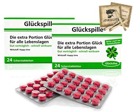 Lustige Pillen GLÜCKSPILLE 2er Set, als Geburtstagsgeschenk. Spaß, Anti Stress, gute Laune, Junggesellenabschied Mann und Frau. mit John Silver® Orakelsprüchen