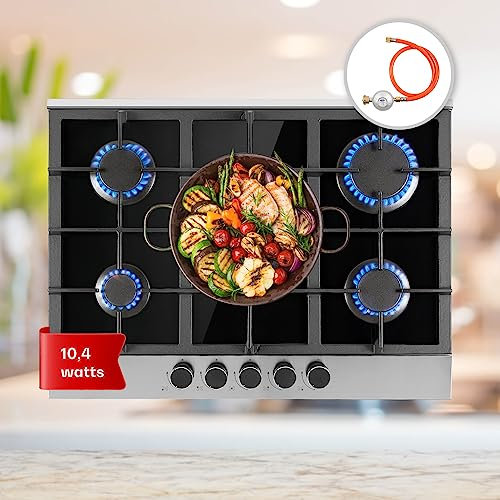 Klarstein Gas Cooker, 5 Burners Gas Hob, 10.4 kW Built In Five Ring Electric Hob, Campervan Cooktops Cookers, Stainless Steel Glass Top Wok Burner, 5 Ring Kitchen Stoves