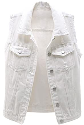 ORANDESIGNE Fille Veste en Jean Multicolore Femmes Manteau Court à Manches Longues Gilet Court sans Manches en Jean Veste en Jean Classique Décontractée Jeansjacke Déchirée B Blanc 3XL