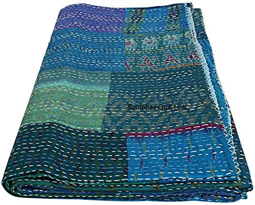 Embrodiery schöne handgefertigte Vintage Patola Seide Sari Jari Patchwork Kantha Steppdecke Wendebettüberzug Assoted Kantha Quilt Überwurf Decke (Türkis, 228 x 274 cm)