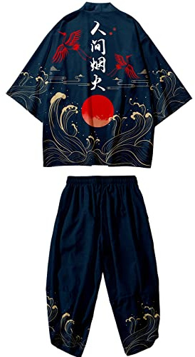 Mens Kimono Set 3/4 Sleeve Haori And Shorts Casual 2 Piece Japanese Outfits