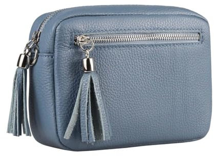 ITALYSHOP24COM OBC Made in Italy Damen Leder Tasche Umhängetasche Schultertasche Beuteltasche Cross-Over Cross Bag Glattleder Schmucktasche Fransen Ledertasche (Jeansblau), ca.: 20x14x6 cm (BxHxT)