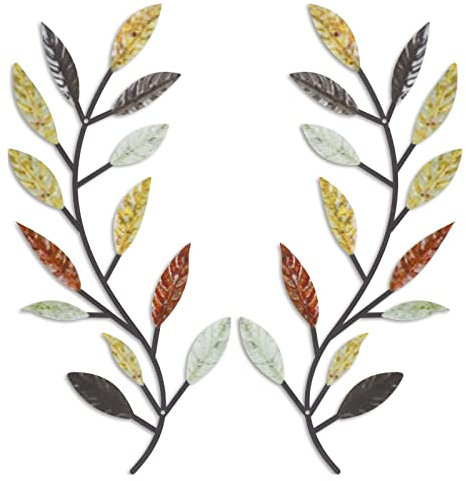Zhengmy 2 Pieces Metal Tree Leaf Wall Decor Vine Olive Branch Leaf Wall Art Wrought Iron Scroll Above The Bed, Living Room, Outdoor Decoration (Multi Color)
