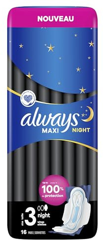 Always Maxi Serviettes Hygiéniques, Taille 3, Night, 16 Serviettes Avec Ailettes, Flux Très Abondants Nuit, Cœur Ultra Absorbant et Barrières Anti-Fuites