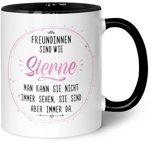 GRAVURZEILE Bedruckte Tasse mit Spruch - Freundinnen sind wie Sterne - Geschenk für Freundinnen - Geschenke für die beste Freundin zum Geburtstag oder zu Weihnachten - Farbe: Schwarz & Weiß