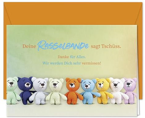 PAPIERSTROLCH XXL Karte Rasselbande Danke für Alles, Karte zum Abschied im Amigurumi Stil für Erzieher-in, Grundschullehrer-in, Lehrer-in, Trainer-in - XXL Grußkarte inkl. Umschlag