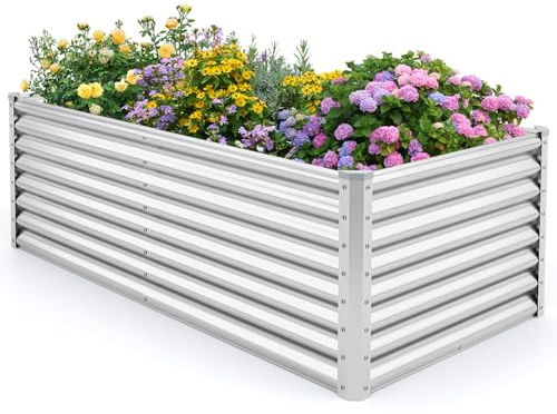 TANGZON Metal Garden Raised Bed, Elevated Trough Planter Box with Open Bottom, Outdoor Herb Vegetable Flower Pot Grow Box Kit (Silver, Rectangular, 180 x 95 x 60cm)