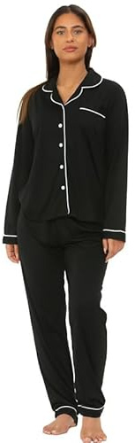 UC Ex High Street Brand Button Up Pyjamas Set for Women UK, Ladies Revere Collar Long Sleeve Cotton Pyjama Black