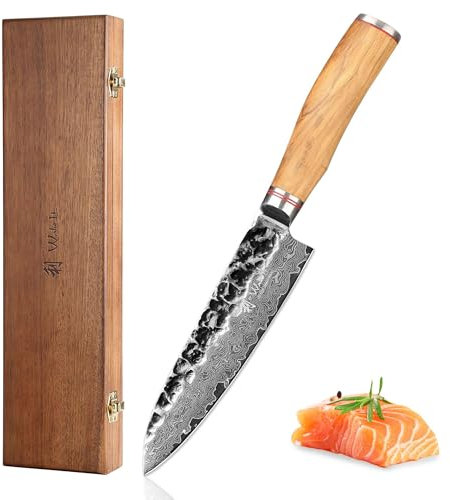 Wakoli Olive HS 3er Damastmesser-Set I 9 bis 17,5 cm Klingen gefertigt aus 67 Lagen echtem Damaststahl mit edlen Olivenholzgriffen & Hammerschlag I Premium Küchenmesser Set in edler Holzbox