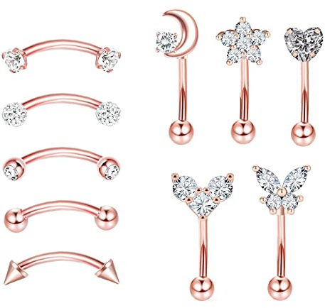 Longbeauty 16G Chirurgenstahl Bananabells Gebogen Barbell Piercing Zirkonia Lippen Augenbrauen Labret Septum Bauch Ring 8MM Stablänge
