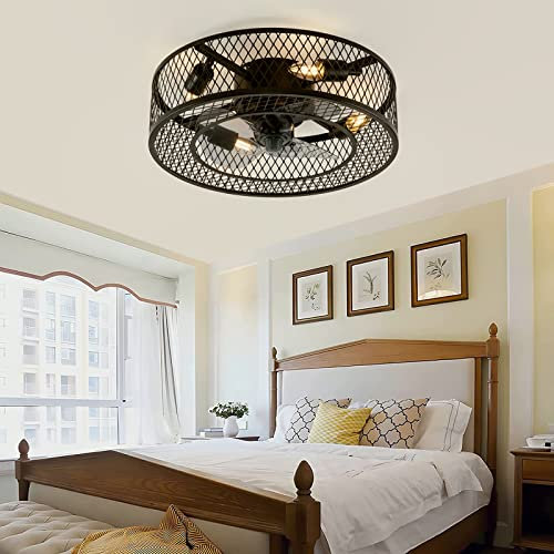Cage Lampe Ventilateur Plafond Industrielle Retro Embarqué Ventilateur Plafond Avec Lumière Cadre En Fer Noir E27 Ampoule Prise Ventilateur Petit Plafond DC Moteur Réversible Fonction été/Hiver