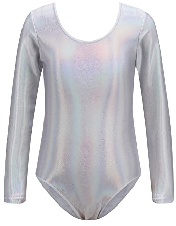 Turnanzug Mädchen Langarm Kinder U Rücken Metallic Glitzer Gymnastikanzug Ballett Trikot Body Leotard Tanzbody Ballettanzug Balletttrikot Eiskunstlauf Ballerina Ballettkleidung Silber 4-5 Jahre