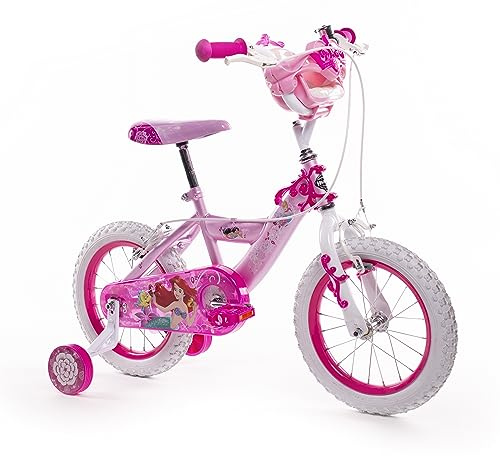 Huffy Disney Princess 14 Girls Bike with Front Doll Carrier, Removable Stabilisers, Bell, Front and Rear Mudguards, Enclosed Chain, Girls’ Bicycle Ideal for Ages 4-6 Years - Metallic light Pink