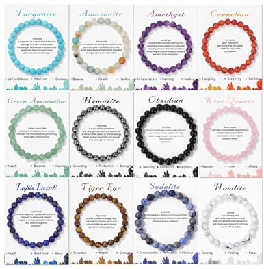 CASDAN 12Pcs Crystal Bracelets for Women Men 8mm Round Stone Beaded Bracelet Semi-Precious Gemstones Bracelet Energy stone Stretch Bracelet Jewelry Gifts
