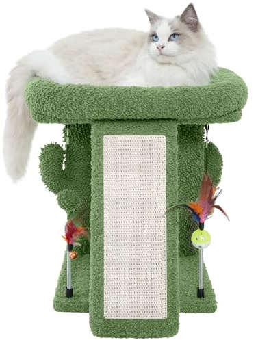 TWDEPART Small Cactus Cat Tree for Indoor Cats, Activity Centre Climbing Tree with Scratching Board and Playful Toy Balls, Green