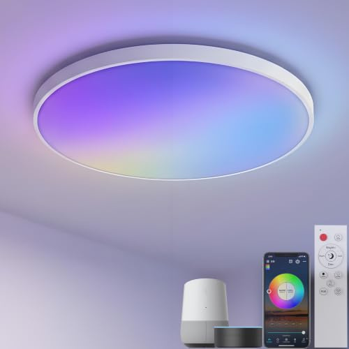 KYFGDLA Smart LED Deckenlampe RGB Farbwechsel Dimmbar mit Fernbedienung 30W | LED Deckenleuchte Rund 30cm, 16 Mio. DIY-Farben, Timer, Kompatibel mit Alexa/Google, IP44, für Schlafzimmer Bad Kinderzimmer