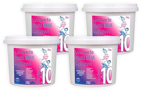 Pack Super Ahorro 4 uds Compacto 10 ACCIONES AQUAPOOL (200 GR) - Pastillas de Cloro multifunción - Disolución Lenta - Apto Piscinas Liner (4x5 KG)