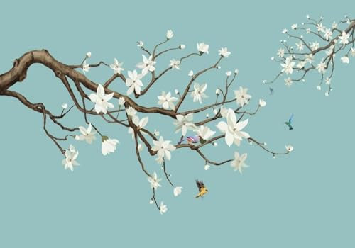 Fototapete Blumen 3D Tapeten 3D Effekt Wohnzimmer Schlafzimmer Vliestapete Handgemalte Magnolie Hintergrund Blume Vogel Natur Grau Graffiti Steinoptik Kinder Tapeten